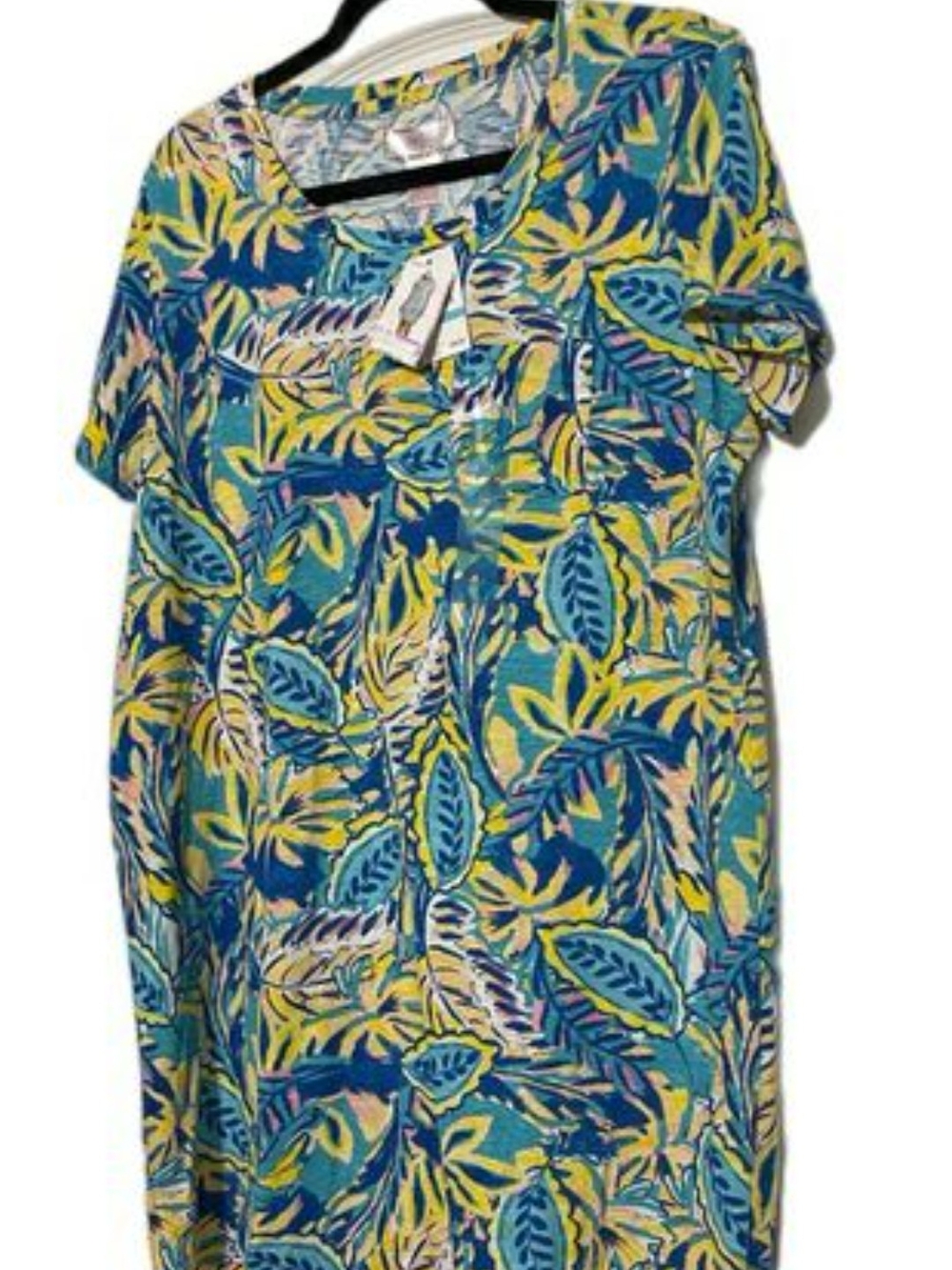 Floral Leaf Print Short-Sleeve Women’s Dress - Blue & Yellow